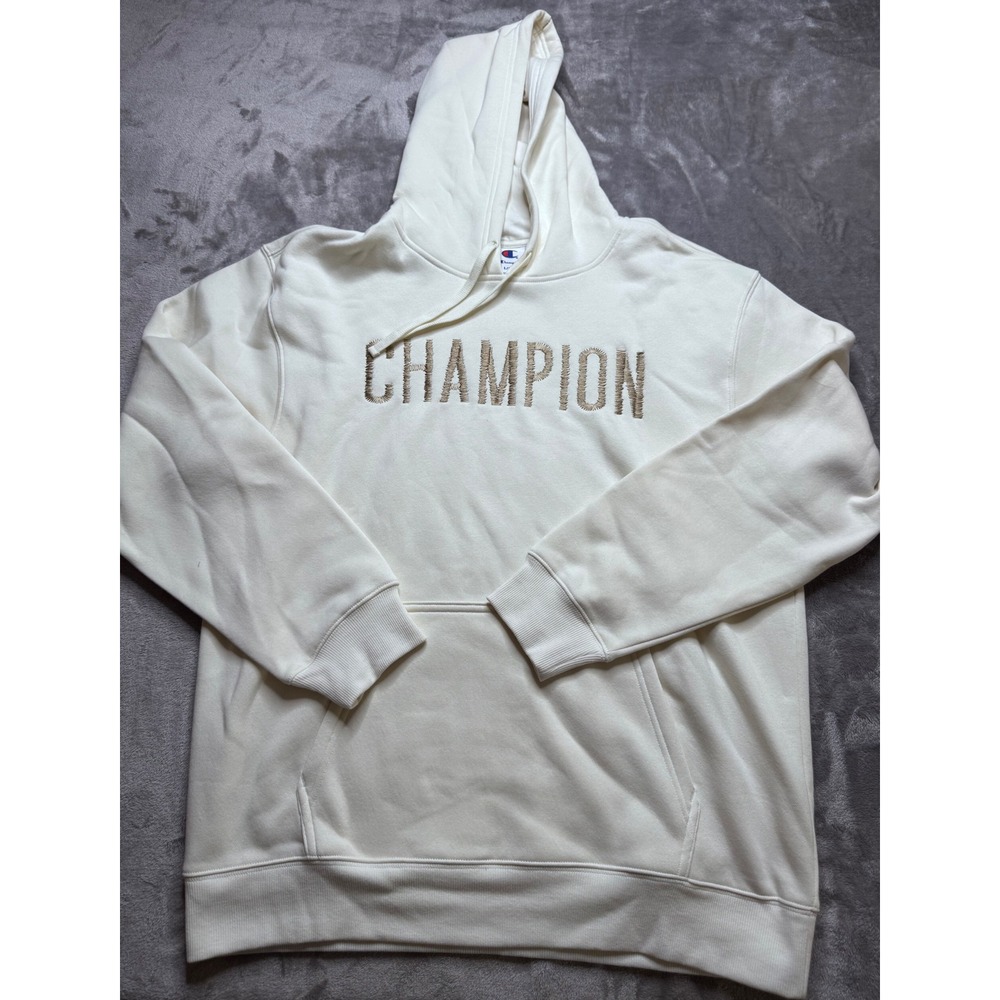 Champion Large Cream Embroidered Hoodie Quiet Luxury Minimalist Streetwear NWT